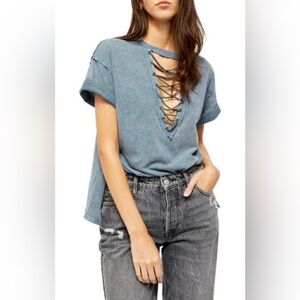 We The Free Azalea Lace-Up Shirt In Dusty Navy